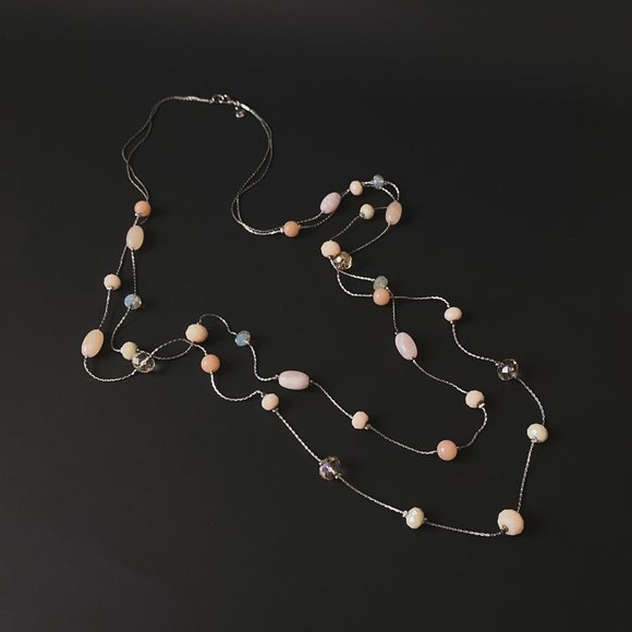 38" LOFT Pastel Pink Champagne Beaded Silver Chain Boho Double Strand Necklace - Picture 3 of 11